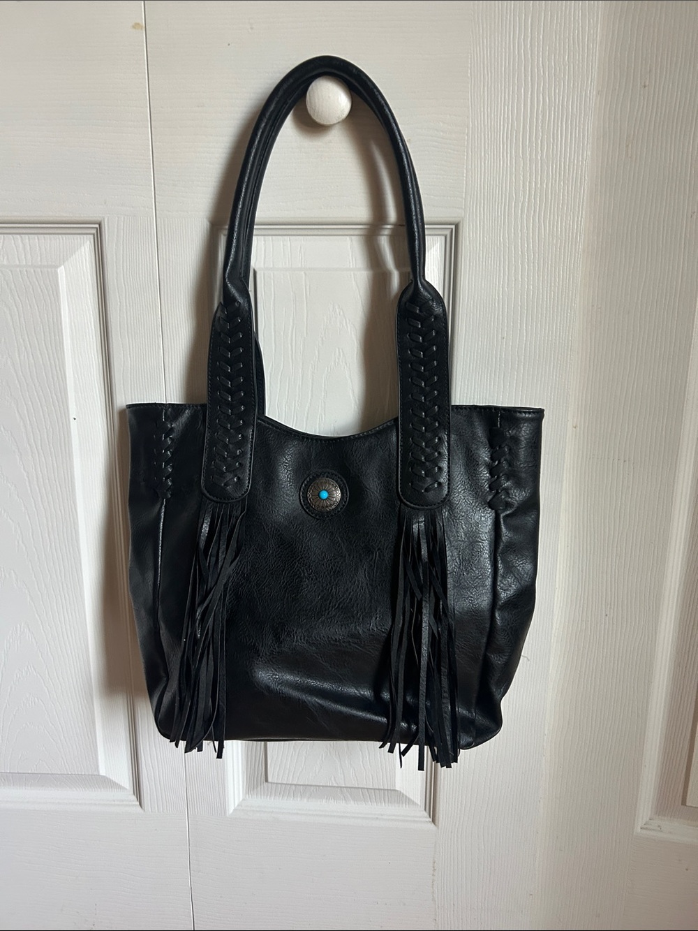 Black Fringe Tote Bag with Turquoise Concho Accent
